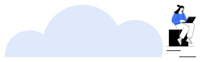 Woman sitting on a platform and working on a laptop near a large cloud shape. Ideal for cloud computing, remote work, data storage, technological innovation, productivity, focus, simple flat metaphor