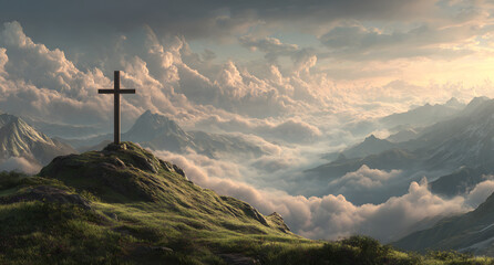 Obraz premium Sunset and sunrise over mountain hills with wind turbines and a cross in a natural landscape