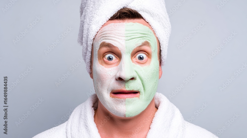Aufkleber man with face mask in towel showing surprise expression at home spa session