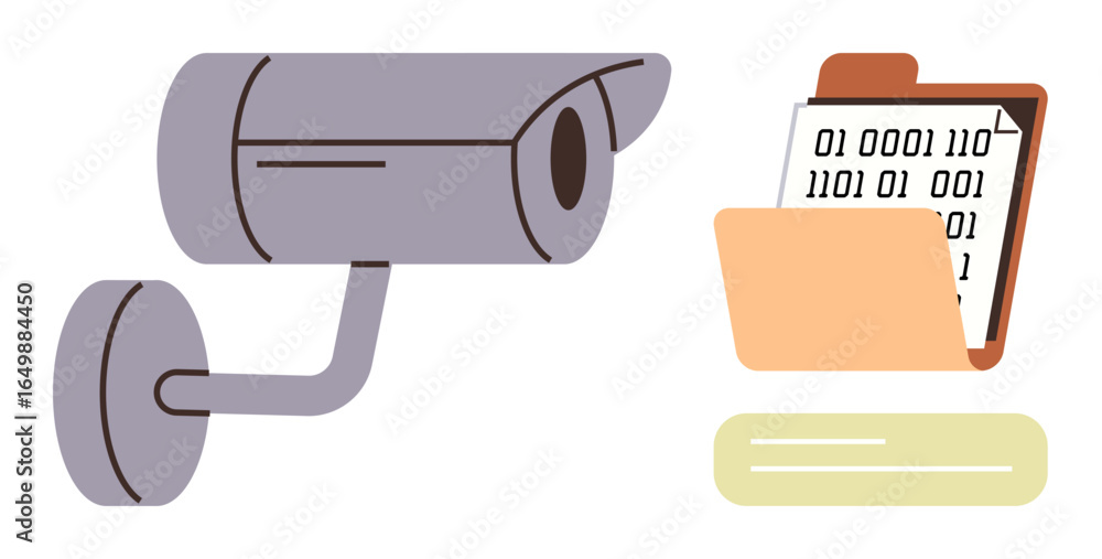 Aufkleber security camera and open folder with binary code on a clipboard represent data privacy, monitoring, 
