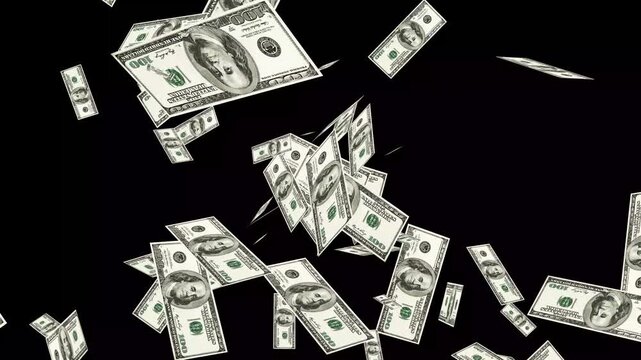 3d dollars bills exploding to down failing animation on transparent background chroma key, Perfect for finance videos, investment themes, economic crisis concepts, advertising, and motion graphics.