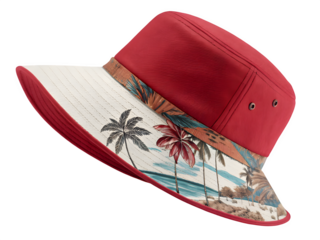 Red bucket hat with tropical palm tree print isolated on transparent background