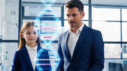 A father and daughter in business attire, discussing a DNA strand projection in a modern office setting. - Powered by Adobe