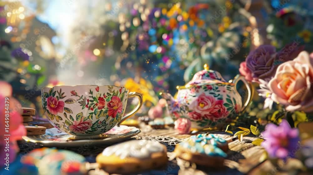 Aufkleber a tea set with a floral pattern is on a table. there are cookies and a cake on the table as well