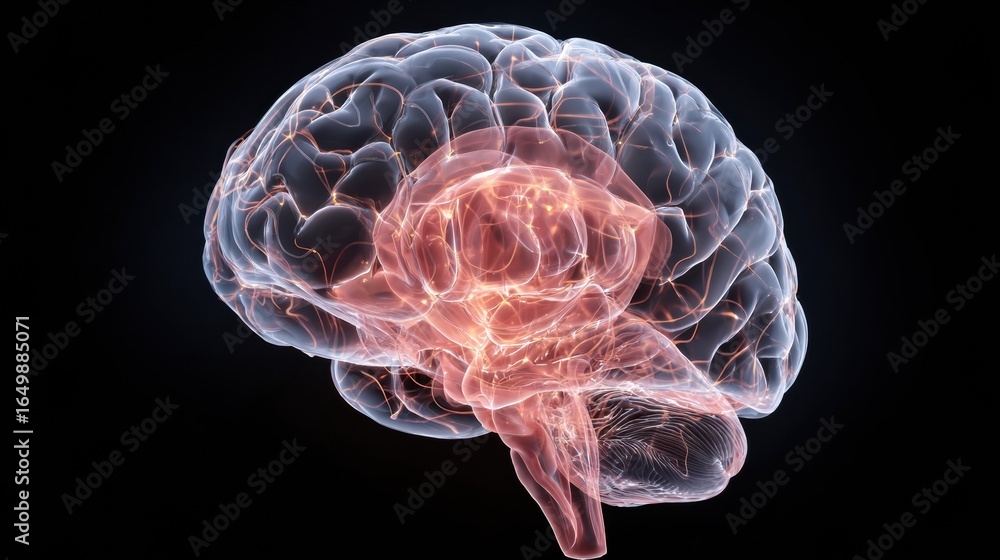 Poster visualization of a human brain displaying neural connections and activity in a vibrant, glowing repr