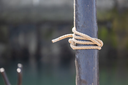Rope securing wooden post near water with blurred background - Powered by Adobe