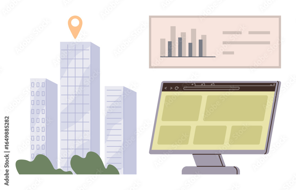 Poster high-rise buildings with geolocation marker, analytics chart, and computer screen displaying a dashb