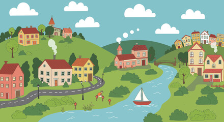 Naklejka premium Charming illustration of a cartoon village nestled in rolling green hills and flowing river
