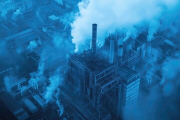 Aerial view of industrial complex spewing smoke and pollution into the atmosphere, emphasizing environmental concerns in a monochromatic blue.
