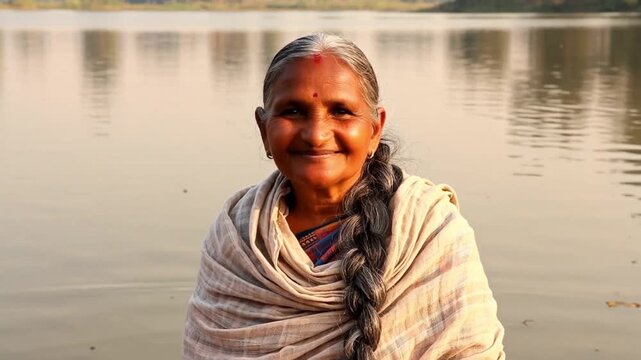 A smiling elderly woman with a long braid poses in front of a serene lake.