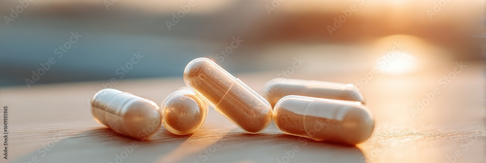 Poster capsules scattered on a wooden surface with a sunset background creating a calm and serene atmospher