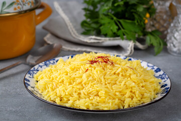 A plate of saffron rice pilaf (Turkish name; safranli pilav)