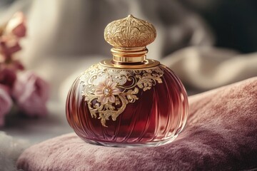 An ornate, vintage-style perfume bottle with gold accents rests on a soft, plush pink cushion, exudes elegance.