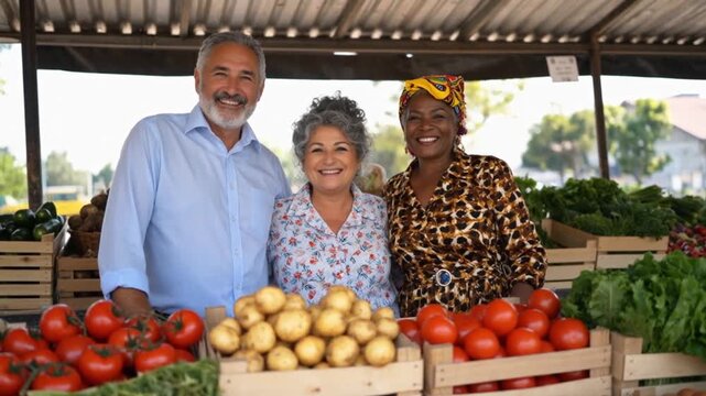 Three diverse farmers proudly display fresh produce at their market stall.