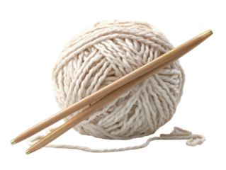 Knitting action with yarn ball and needles at home workspace