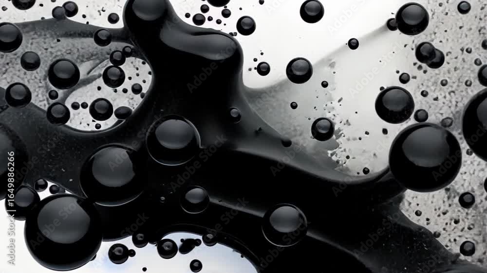 Poster ink droplets: a macro view showcases the intricate dance of dark ink droplets and abstract shapes, c