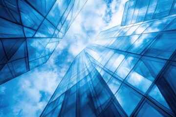 Obraz premium A low-angle shot showcasing the towering glass skyscrapers reaching towards the sky, reflecting the clouds and creating a modern, architectural spectacle.
