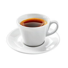 White coffee cup, filled with dark liquid, on saucer