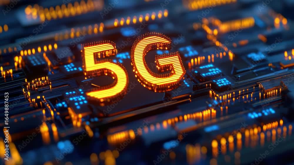 Poster advanced chip with 5g logo, representing modern, high-speed internet and data processing technology.