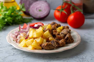 Liver pan (Albanian liver) Turkish traditional food. Liver over rice. (Turkish name; arnavut ciger)