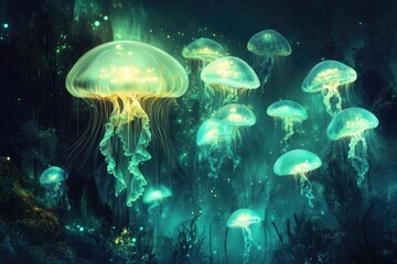 A mesmerizing underwater scene featuring a bloom of bioluminescent jellyfish gracefully floating in a dark, mysterious ocean environment.