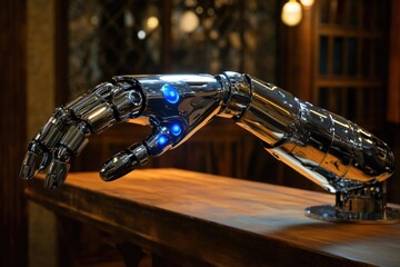 A gleaming chrome robotic arm with blue lights rests on a wooden surface against a blurred background, blending technology and classic design.