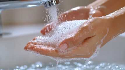 Fototapeta premium Washing hands with soap under running water at a sink during the day for hygiene and cleanliness