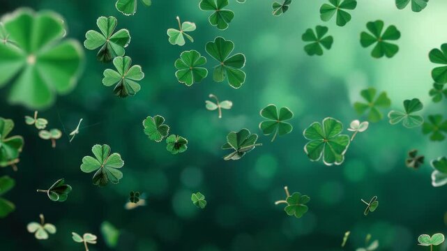 Four-leaf clovers, symbols of Irish luck and celebration, in soft focus against a green background.