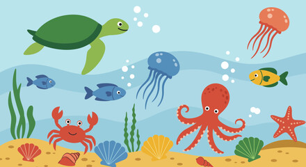Cheerful sea creatures cartoon illustration featuring turtle, fish, jellyfish and octopus