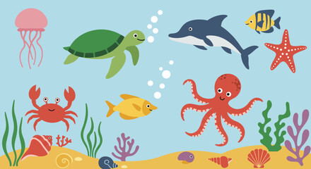Cartoon underwater scene illustration featuring various marine animals and plants