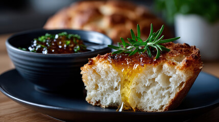 A soft, freshly baked bread piece served with honey and herbal jam, beautifully garnished for an inviting brunch experience that promises comfort and flavor.