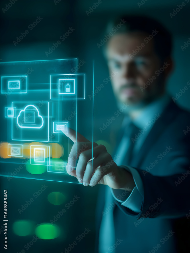 Aufkleber a businessman interacts with a digital interface displaying cloud technology icons, emphasizing inno