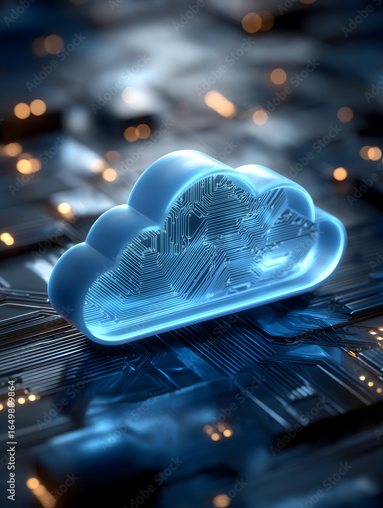 Poster a glowing cloud symbol over a digital circuit board, representing cloud computing and technology in 