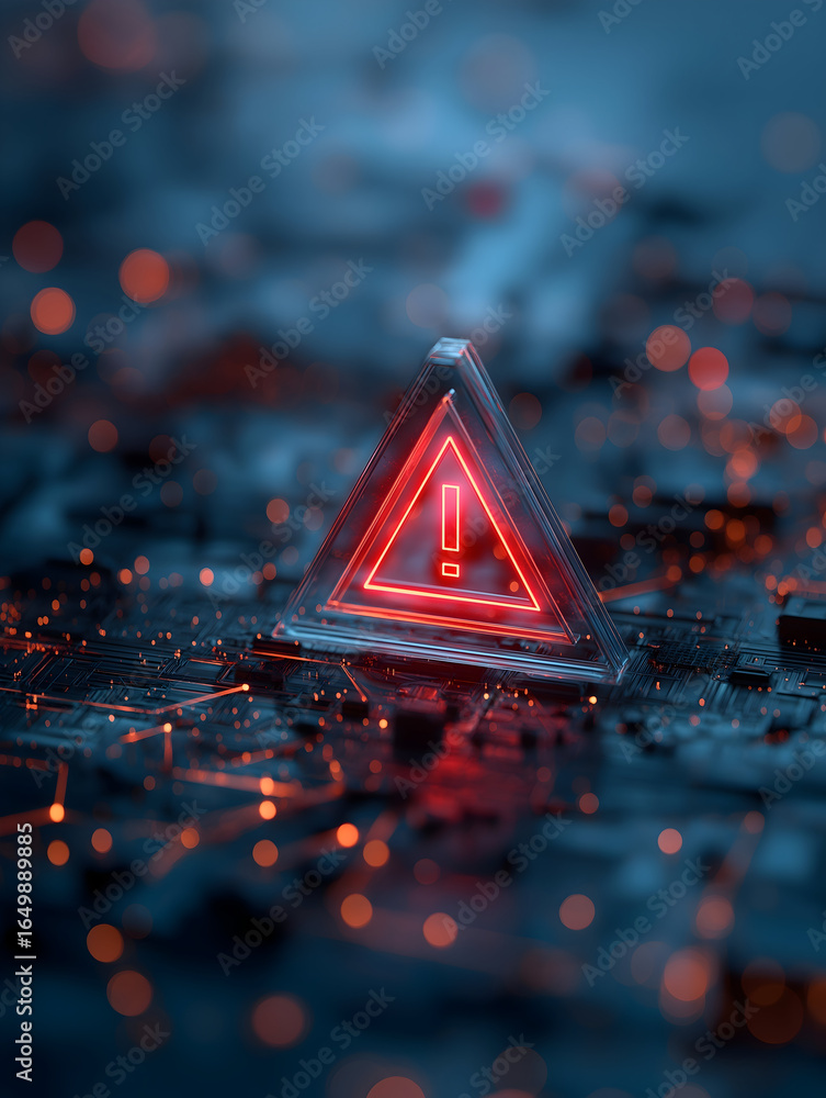 Poster a glowing triangular warning symbol is set against a dark, circuit-like background filled with illum