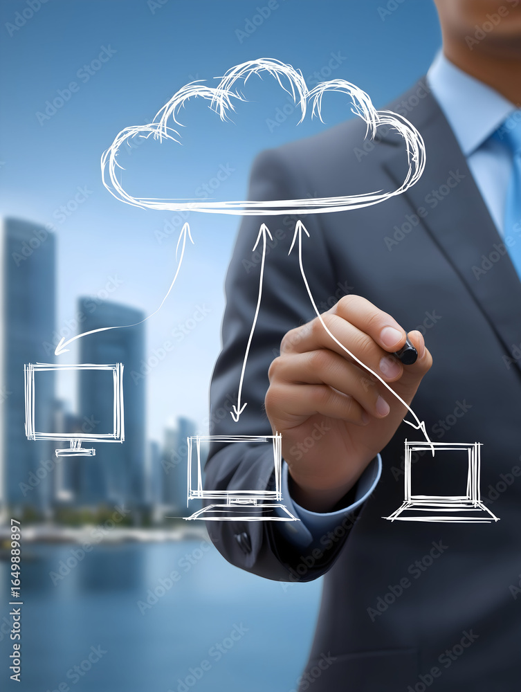 Poster a business professional sketches cloud computing concepts while standing against a modern skyline, i