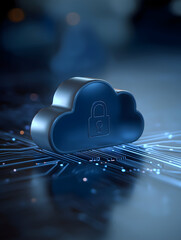 A stylized cloud icon with a lock symbolizes cloud security, set against a digital circuit board background, emphasizing data protection in technology.