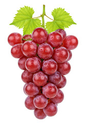 Fototapeta premium A cluster of purplish-red grapes with water droplets, surrounded by green leaves, against a plain white background.