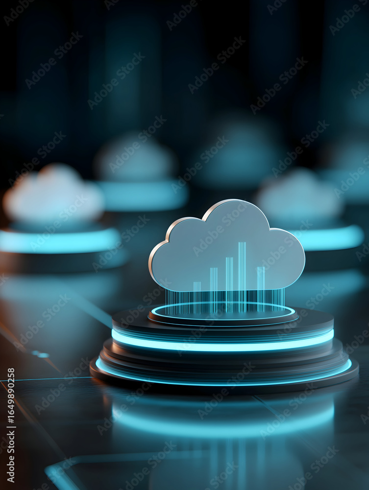 Poster a futuristic illustration of a cloud computing symbol, surrounded by glowing elements, representing 