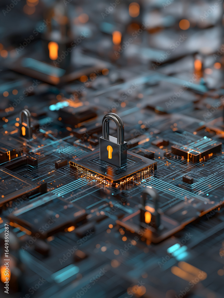 Poster a digital representation of a secure network, featuring a padlock symbolizing cybersecurity amidst a