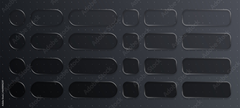 Poster set of black liquid glass morphism user interface elements. abstract dark pattern with transparent b