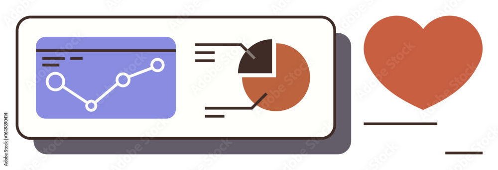 Poster line graph and pie chart inside a panel illustrating data analysis, accompanied by a heart symbol. i