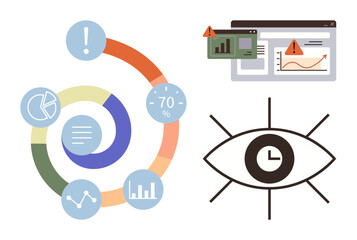 Circular charts, data graphs, and visual alerts highlight analytics, progress tracking, and monitoring. Ideal for data analysis, reporting, performance review, forecasting insights decision-making
