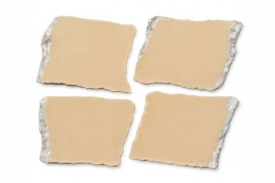 Four torn pieces of brown paper with silver edges are arranged on a transparent background, creating a simple yet elegant design