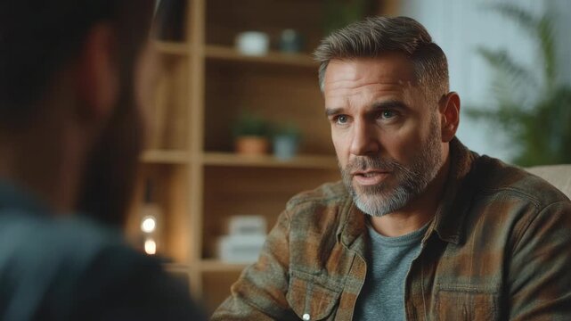 Man with beard in front of camera, discussing topics with another person.