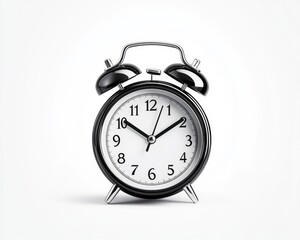 Shiny black vintage alarm clock with silver bells and hands. Isolated on a bright white background showing the face of the clock