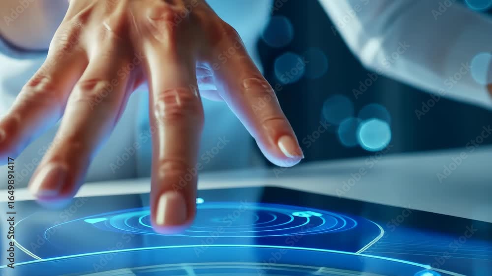 Poster future touch interaction: a close-up shot of a human hand interacting with a futuristic interface, w
