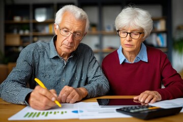 Elderly couple focused on financial planning and retirement savings at home