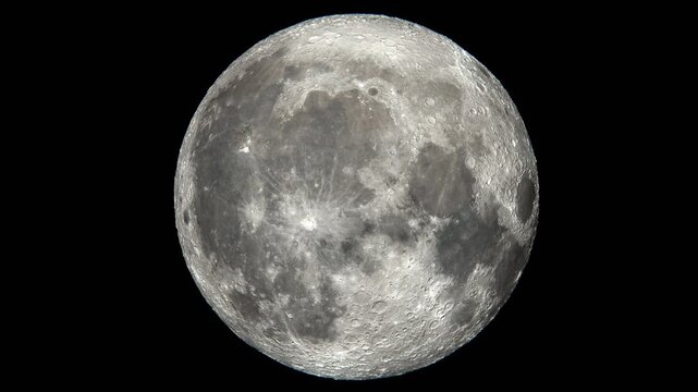 Moon rotating on a black background, highly detailed and realistic surface of Earth's natural satellite, full moon scientific background, 4k seamless animation.