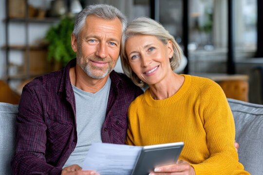 Happy senior couple relaxing at home, managing finances with a modern digital tablet.