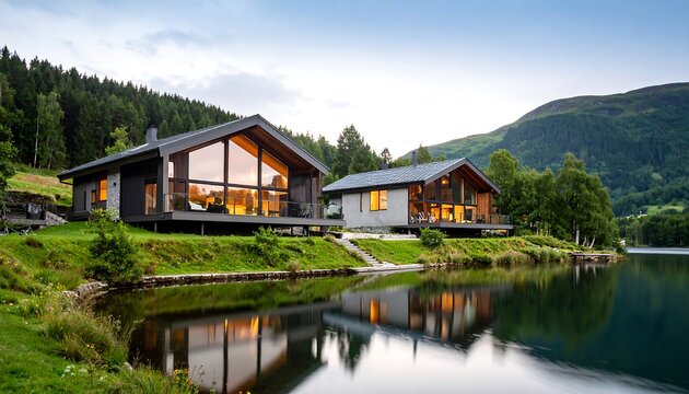 Modern chalet by a tranquil lake.